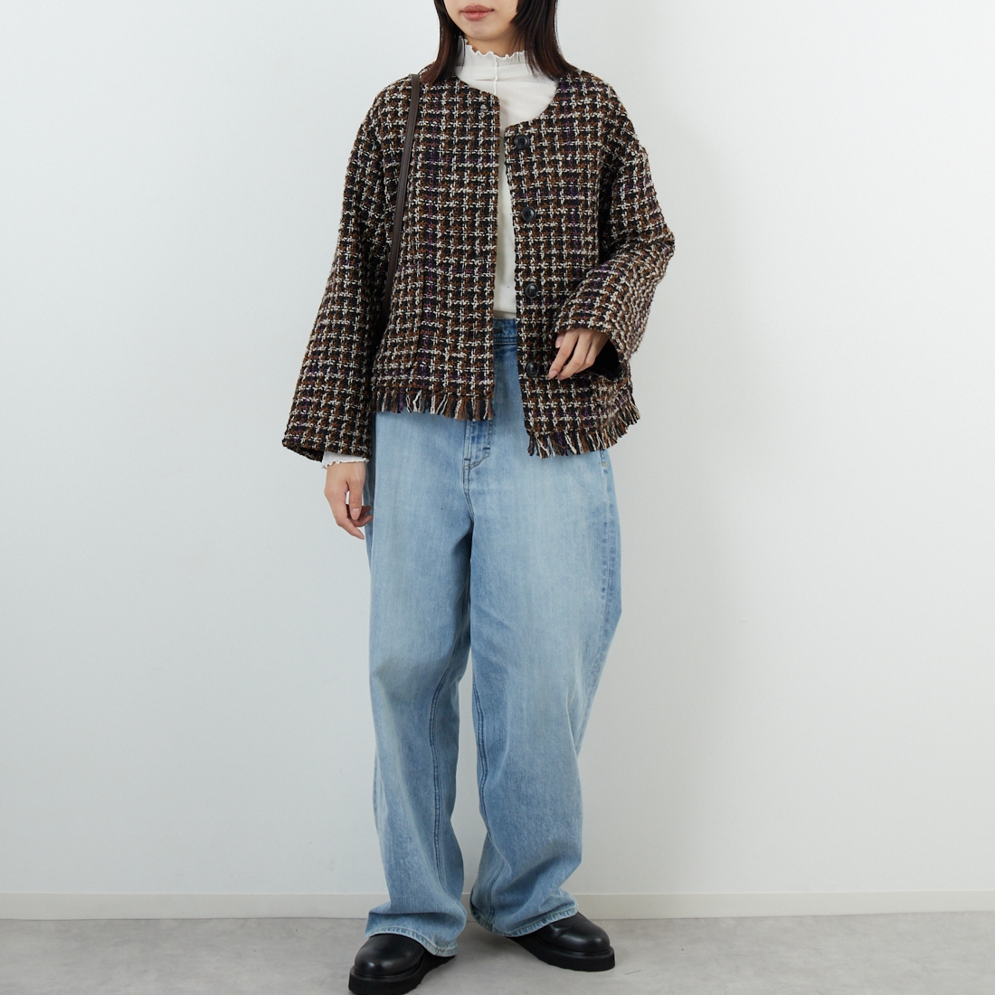 Jeans Factory Clothes [ジーンズファクトリークローズ] ファンシーヤーン ツイードジャケット [LFF706] 840 BLACK &&モデル身長：162cm 着用サイズ：F&&