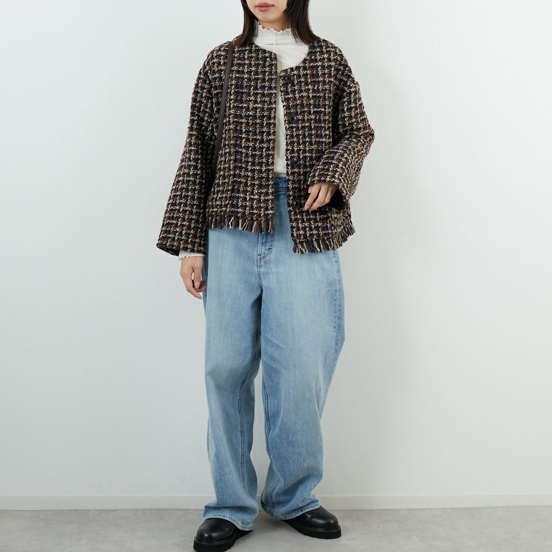 Jeans Factory Clothes [ジーンズファクトリークローズ] ファンシーヤーン ツイードジャケット [LFF706] 840 BLACK &&モデル身長：162cm 着用サイズ：F&&