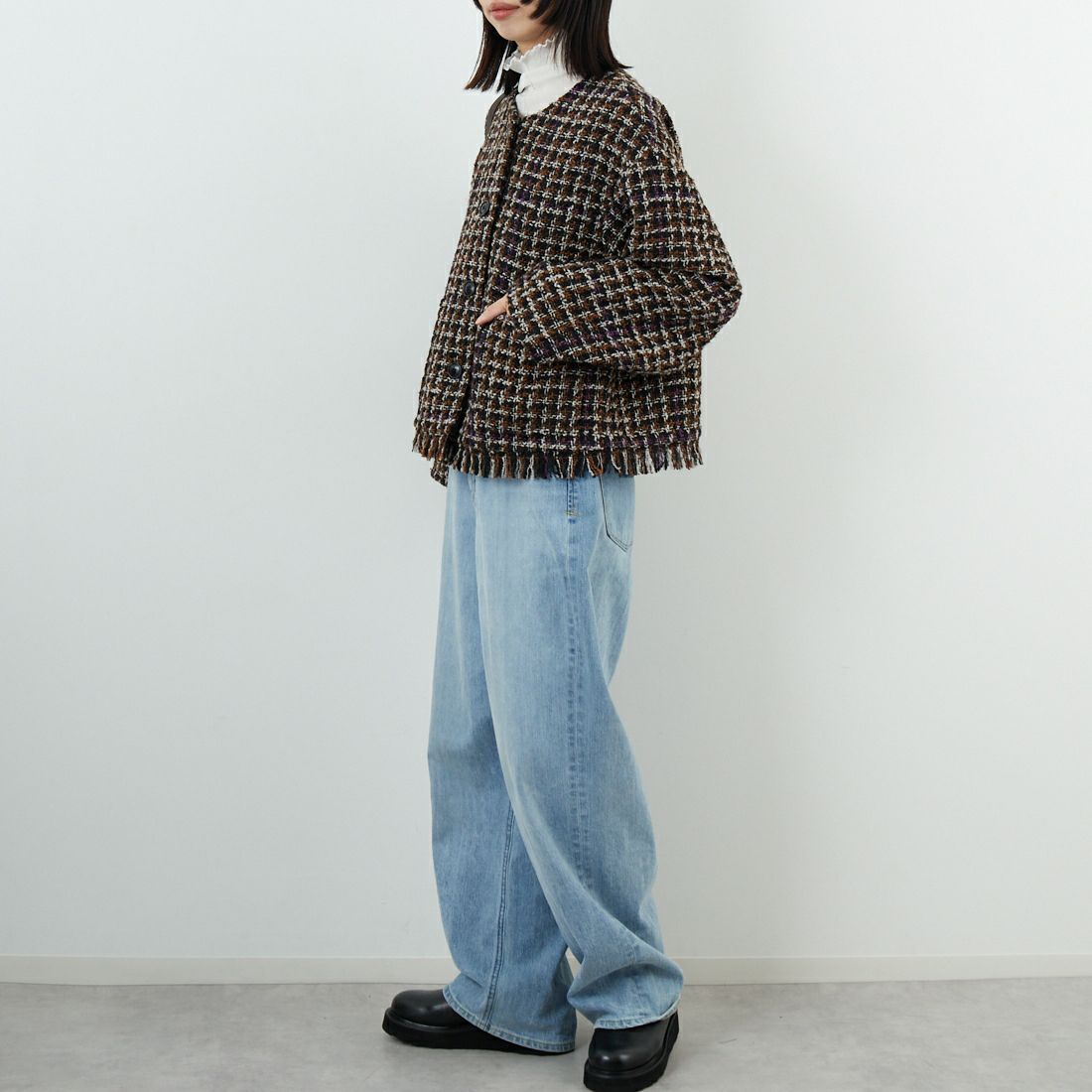 Jeans Factory Clothes [ジーンズファクトリークローズ] ファンシーヤーン ツイードジャケット [LFF706] 840 BLACK &&モデル身長：162cm 着用サイズ：F&&