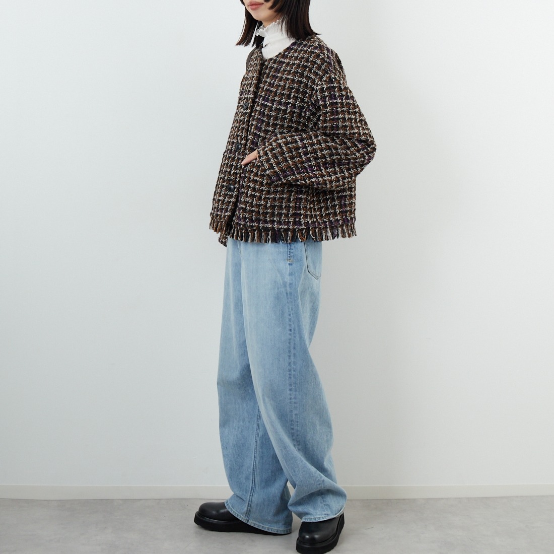 Jeans Factory Clothes [ジーンズファクトリークローズ] ファンシーヤーン ツイードジャケット [LFF706] 840 BLACK &&モデル身長：162cm 着用サイズ：F&&