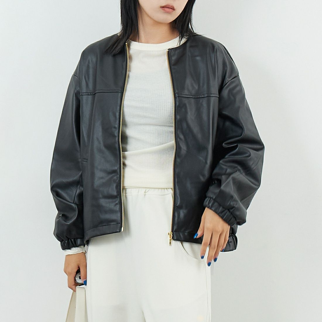 Jf Ready Made [ジェイエフレディメイド] フェイクレザージャケット [8552211-01] 03 ﾌﾞﾗｯｸ &&モデル身長：167cm 着用サイズ：F&&