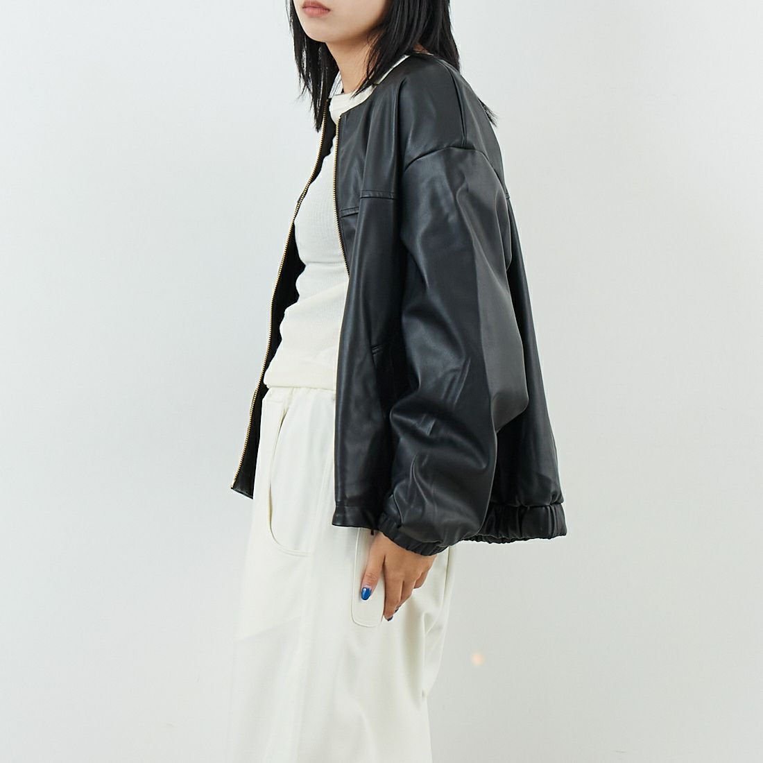 Jf Ready Made [ジェイエフレディメイド] フェイクレザージャケット [8552211-01] 03 ﾌﾞﾗｯｸ &&モデル身長：167cm 着用サイズ：F&&