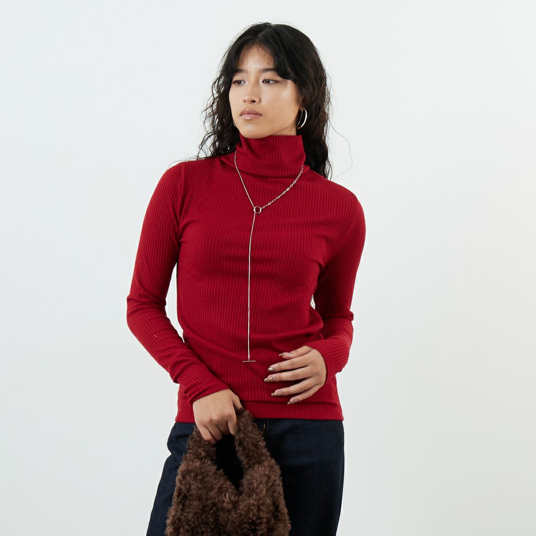 Jeans Factory Clothes [ジーンズファクトリークローズ] ウォームリブタートルネックTシャツ [JFW-C026] RED &&モデル身長：161cm 着用サイズ：36&&