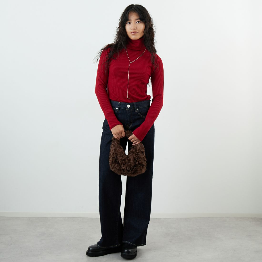 Jeans Factory Clothes [ジーンズファクトリークローズ] ウォームリブタートルネックTシャツ [JFW-C026] RED &&モデル身長：162cm 着用サイズ：36&&