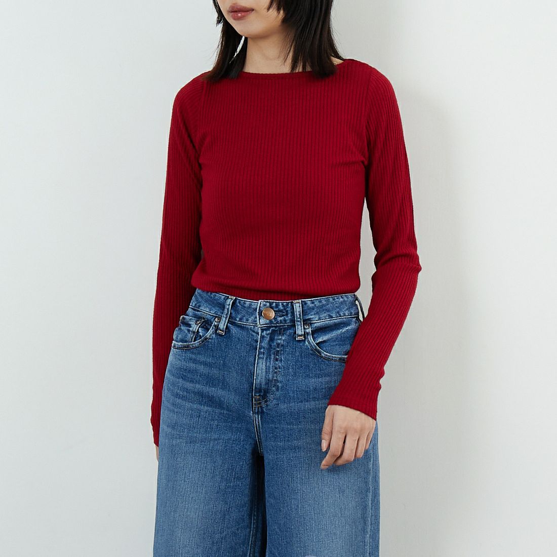 Jeans Factory Clothes [ジーンズファクトリークローズ] ウォームリブボートネックTシャツ [JFW-C025] RED &&モデル身長：162cm 着用サイズ：36&&