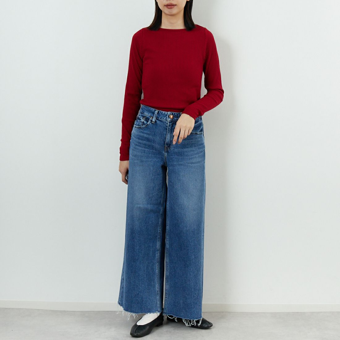 Jeans Factory Clothes [ジーンズファクトリークローズ] ウォームリブボートネックTシャツ [JFW-C025] RED &&モデル身長：162cm 着用サイズ：36&&
