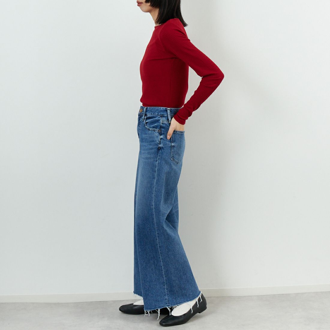 Jeans Factory Clothes [ジーンズファクトリークローズ] ウォームリブボートネックTシャツ [JFW-C025] RED &&モデル身長：162cm 着用サイズ：36&&