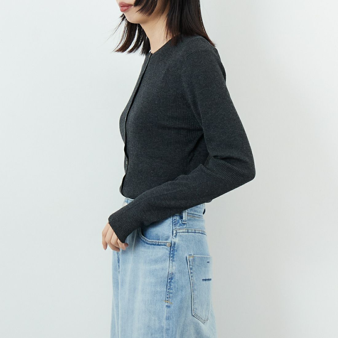 USINE [ユジーヌ] リブニットカーディガン [11256842] ﾁｬｺｰﾙ &&モデル身長：162cm 着用サイズ：36&&