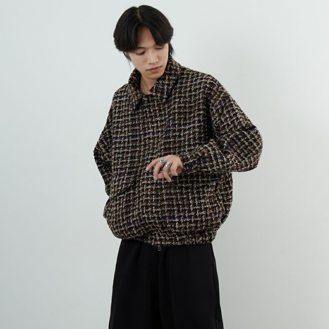 Noir Fabrik [ヌワールファブリック] ファンシーヤーンボンバージャケット [NF-254-073] 840 BEIGE &&モデル身長：179cm 着用サイズ：M&&