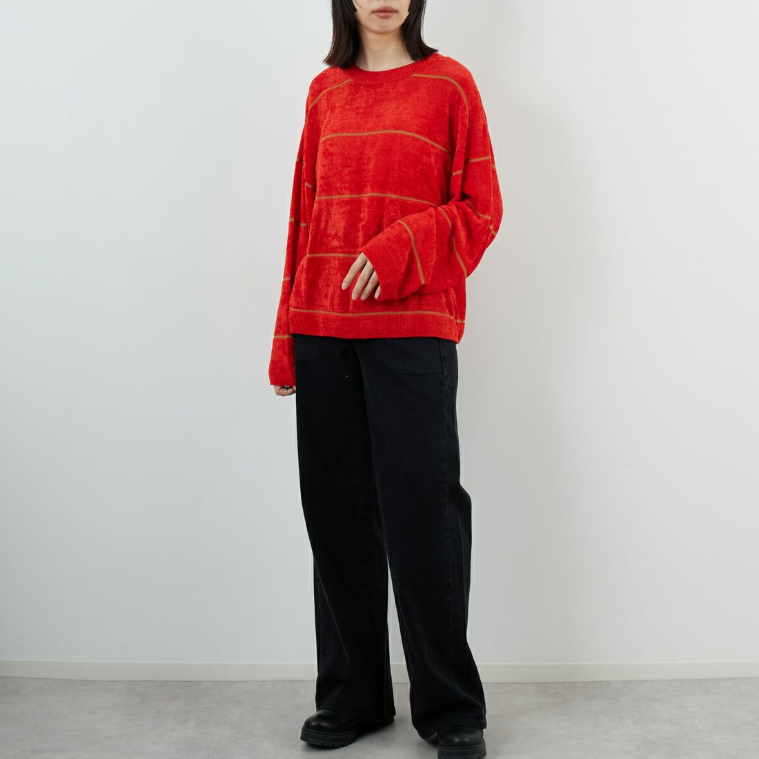 WHYTO. [ホワイト] ワイドボーダーニット [WHT25FKN4034] RED &&モデル身長：162cm 着用サイズ：F&&