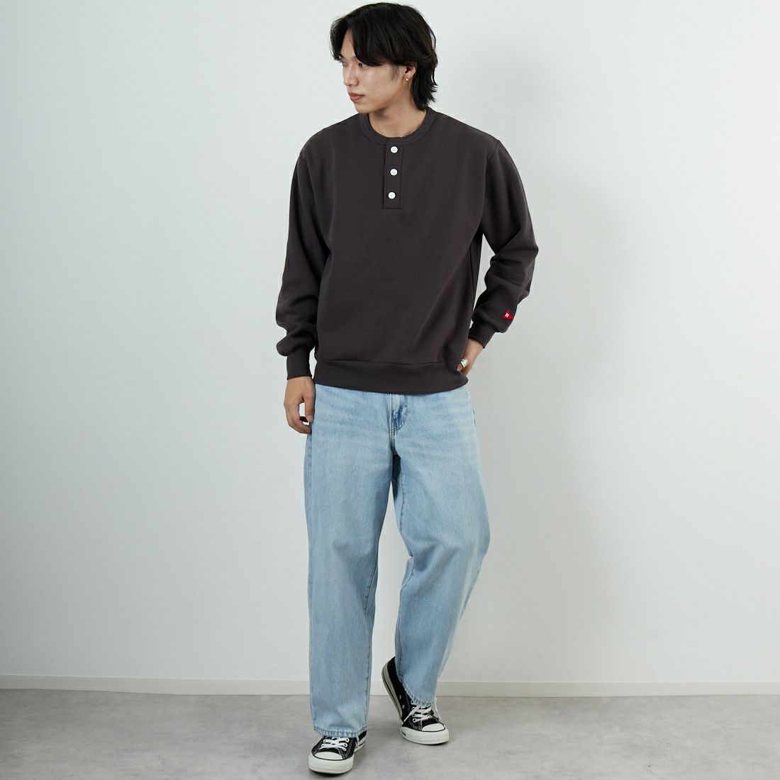 Health knit [ヘルスニット] クラシックヘンリーネックスウェット [54005] FADE BLACK &&モデル身長：179cm 着用サイズ：L&&