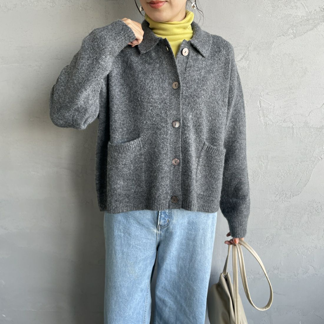 mizuiro ind [ミズイロインド] 襟付きショートカーディガン [3-220109] 92 D.GRAY &&モデル身長：160cm 着用サイズ：F&&