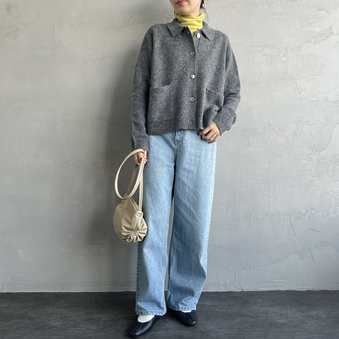 mizuiro ind [ミズイロインド] 襟付きショートカーディガン [3-220109] 92 D.GRAY &&モデル身長：160cm 着用サイズ：F&&