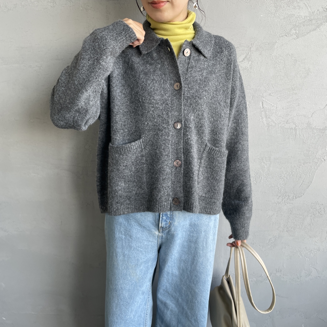 mizuiro ind [ミズイロインド] 襟付きショートカーディガン [3-220109] 92 D.GRAY &&モデル身長：160cm 着用サイズ：F&&