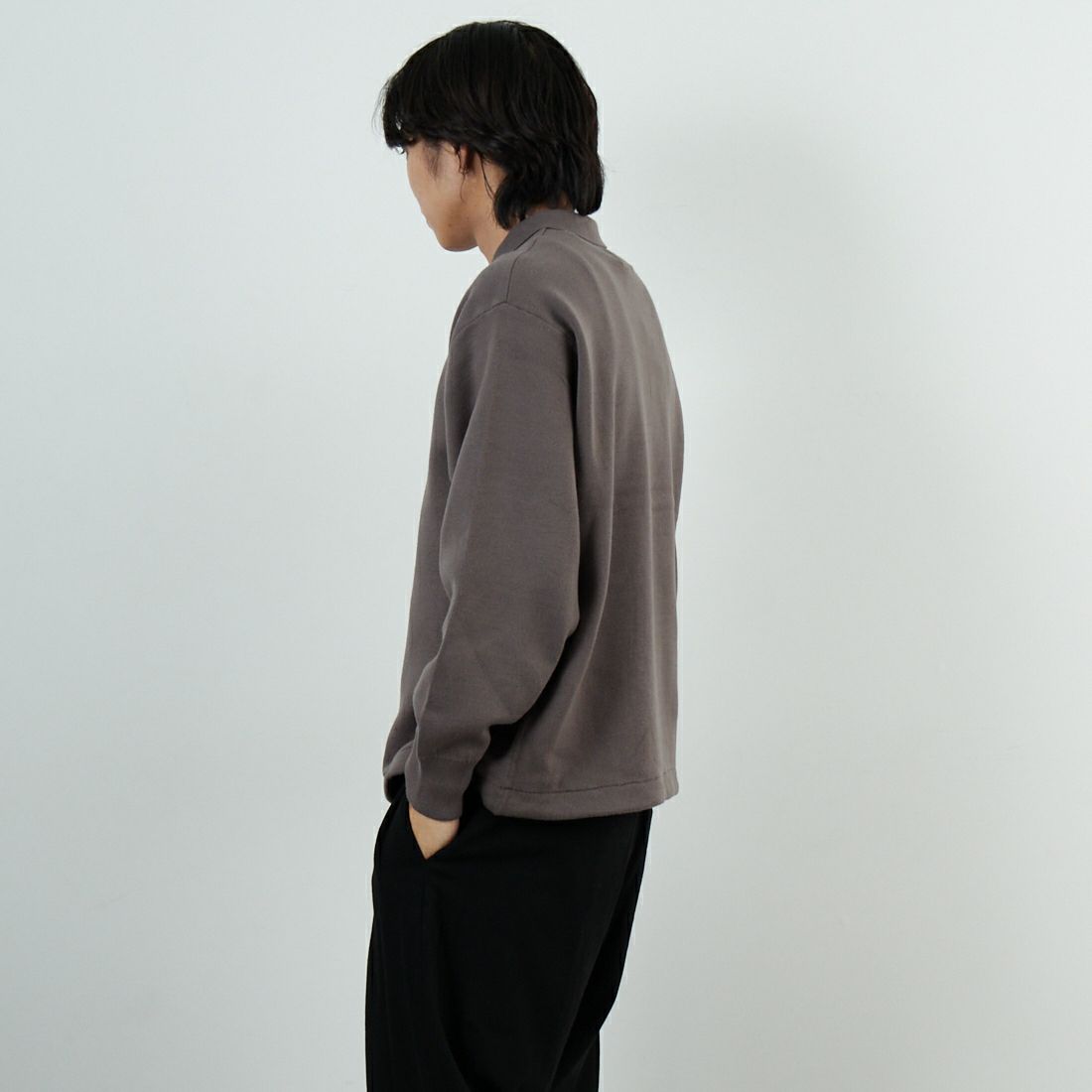 SLICK [スリック] スウェットライク ドローストリングポロニット [5151028] 500 BROWN &&モデル身長：179cm 着用サイズ：1&&