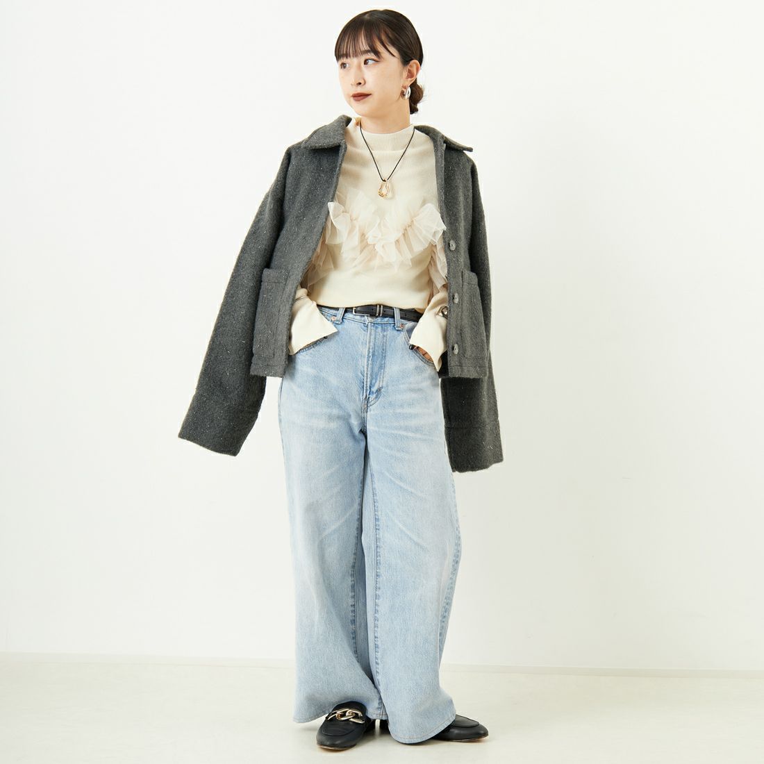 nenom [ネノム] ステンカラー ラメ起毛ジャケット [NE25132019] 08 CHARCOA &&モデル身長：150cm 着用サイズ：F&&