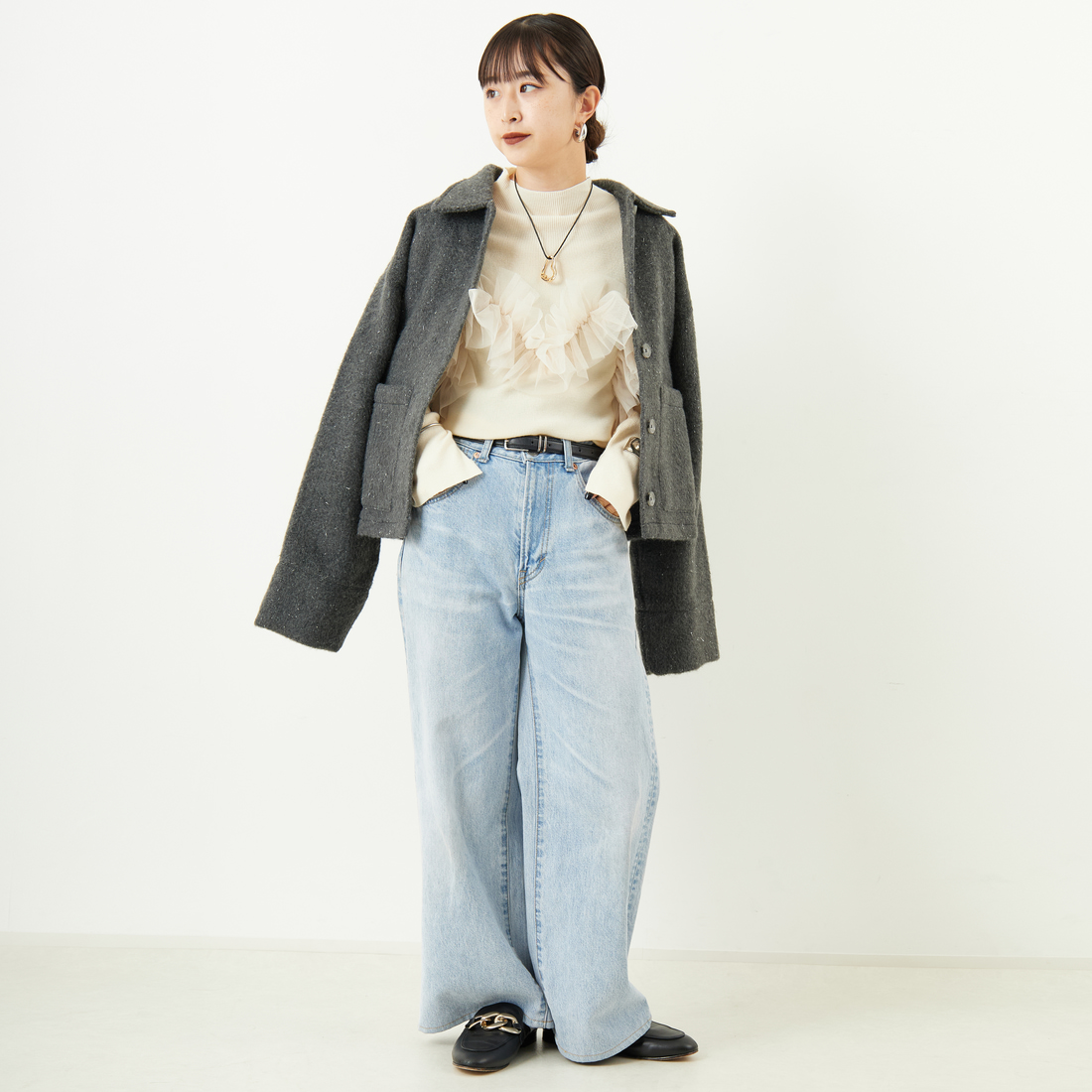 nenom [ネノム] ステンカラー ラメ起毛ジャケット [NE25132019] 08 CHARCOA &&モデル身長：150cm 着用サイズ：F&&