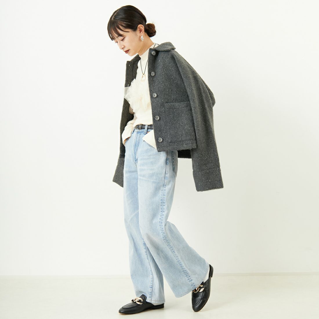 nenom [ネノム] ステンカラー ラメ起毛ジャケット [NE25132019] 08 CHARCOA &&モデル身長：150cm 着用サイズ：F&&