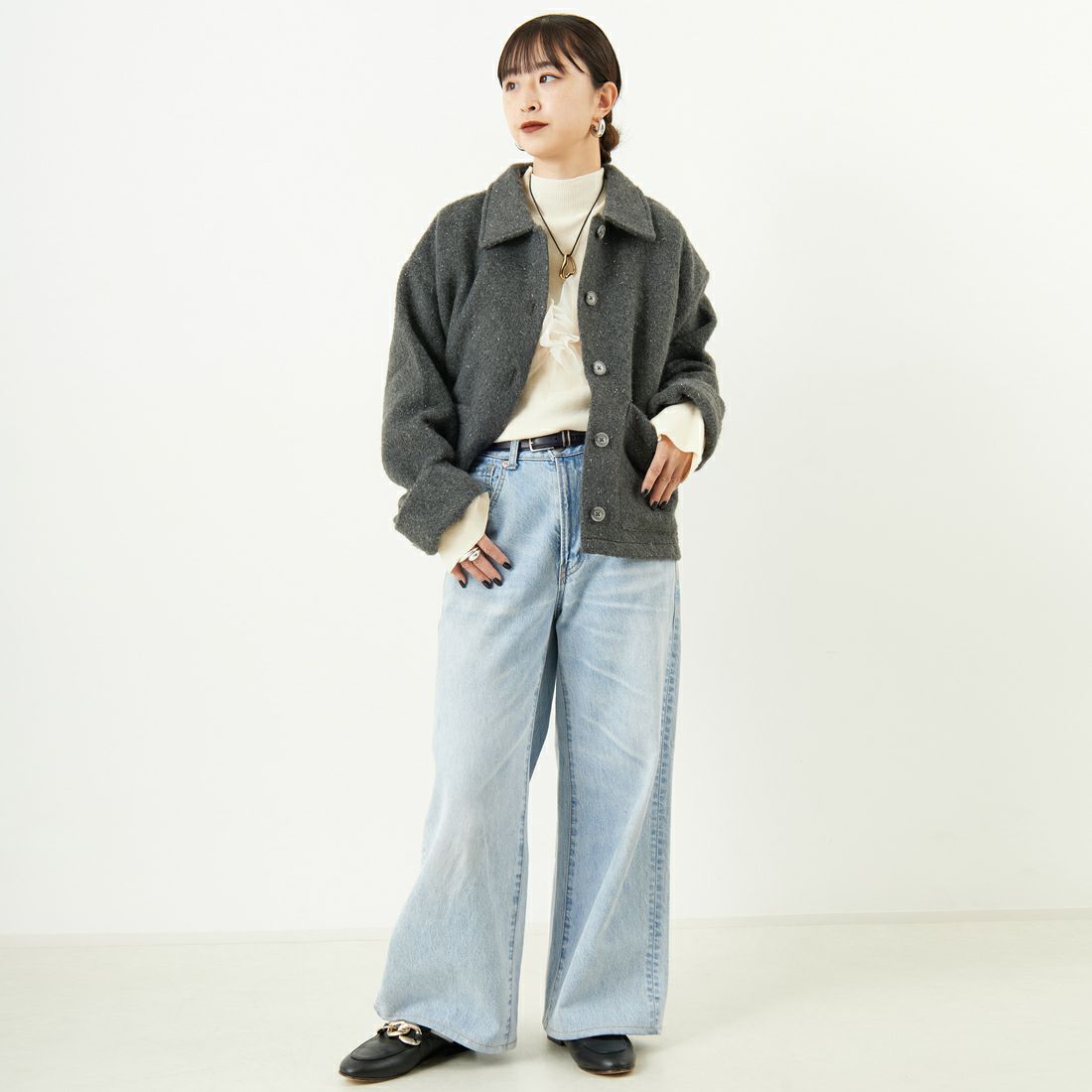 nenom [ネノム] ステンカラー ラメ起毛ジャケット [NE25132019] 08 CHARCOA &&モデル身長：150cm 着用サイズ：F&&