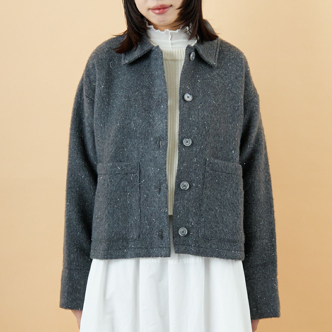 nenom [ネノム] ステンカラー ラメ起毛ジャケット [NE25132019] 08 CHARCOA &&モデル身長：162cm 着用サイズ：F&&