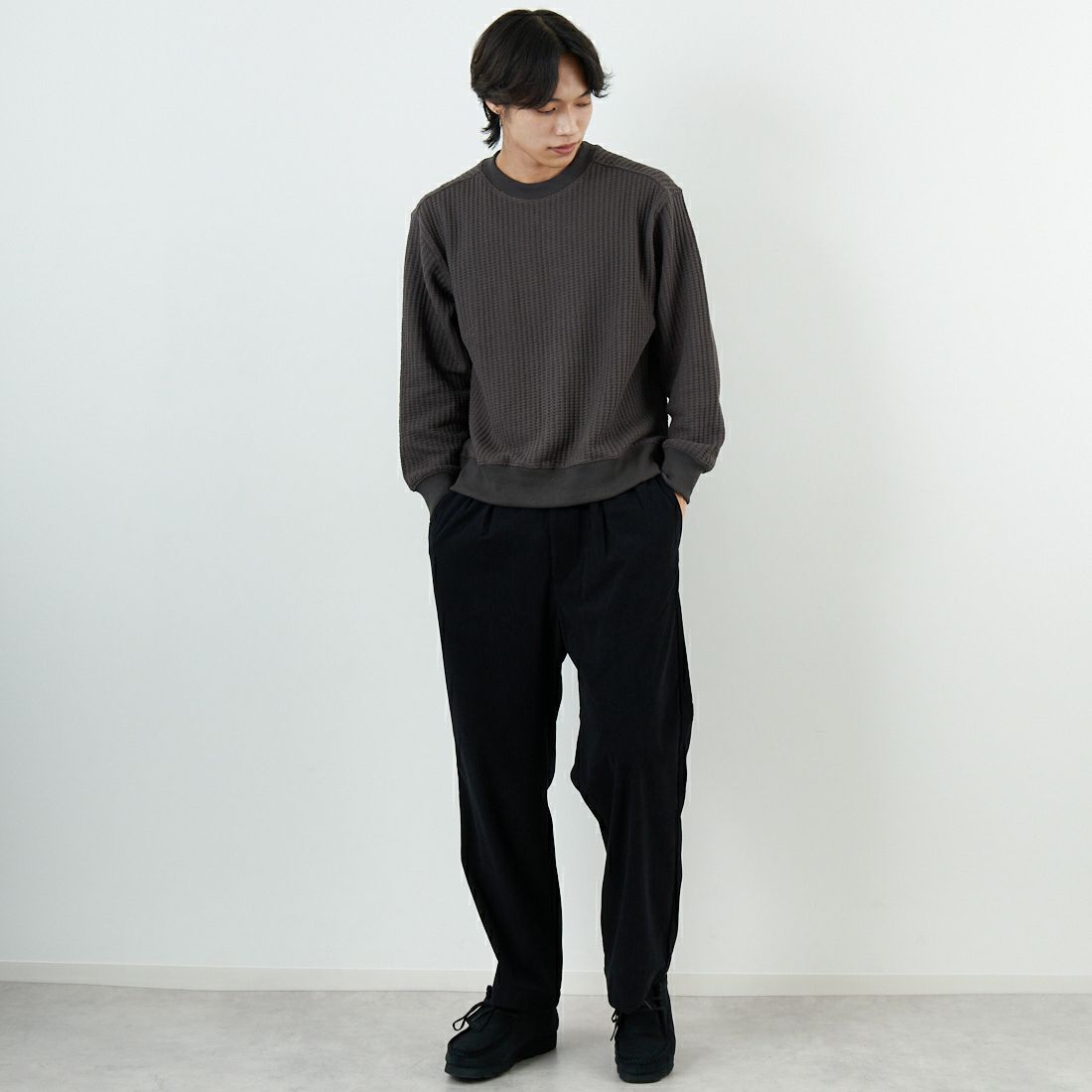 SLICK [スリック] ビッグワッフル クルーネックプルオーバー [5131014] 720 COAL B &&モデル身長：179cm 着用サイズ：1&&