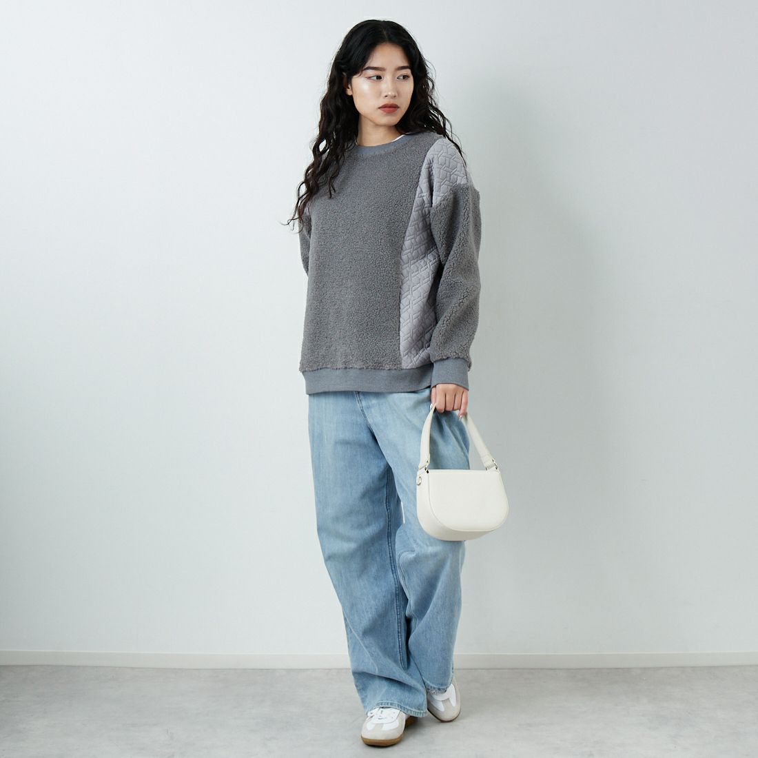 Jf Ready Made [ジェイエフレディメイド] ボア切替キルトプルオーバー [3107104] 805 ｸﾞﾚｲ &&モデル身長：162cm 着用サイズ：F&&