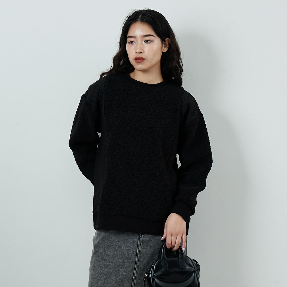 Jf Ready Made [ジェイエフレディメイド] ボア切替キルトプルオーバー [3107104] 801 ﾌﾞﾗｯｸ &&モデル身長：162cm 着用サイズ：F&&