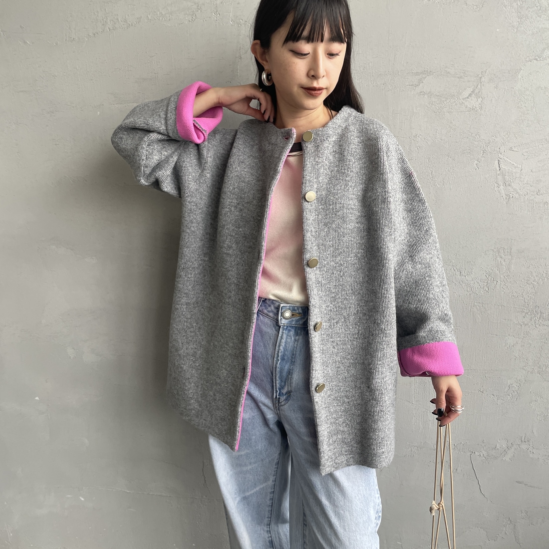 Maison de L'allure [メゾン ドゥ ラリュール] ダブルフェイスニットコート [M24131036] 22 BEG/RED &&モデル身長：150cm 着用サイズ：F&&