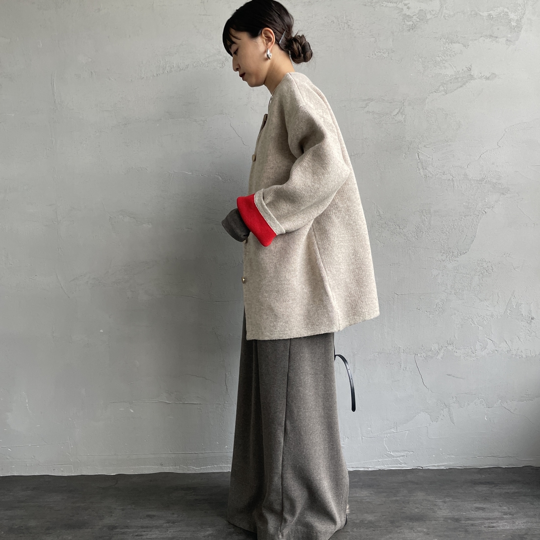 Maison de L'allure [メゾン ドゥ ラリュール] ダブルフェイスニットコート [M24131036] 22 BEG/RED &&モデル身長：150cm 着用サイズ：F&&