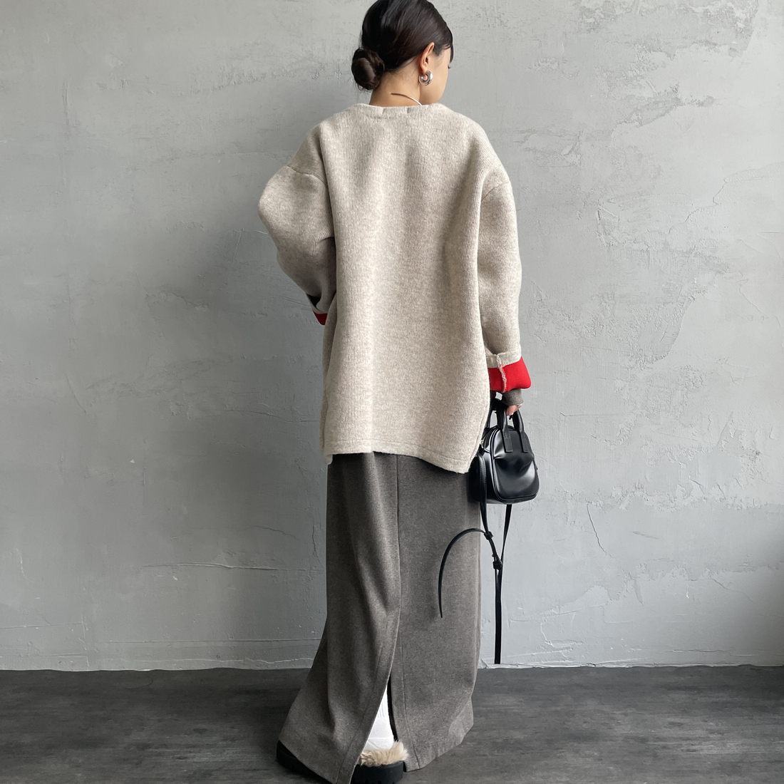 Maison de L'allure [メゾン ドゥ ラリュール] ダブルフェイスニットコート [M24131036] 22 BEG/RED &&モデル身長：150cm 着用サイズ：F&&