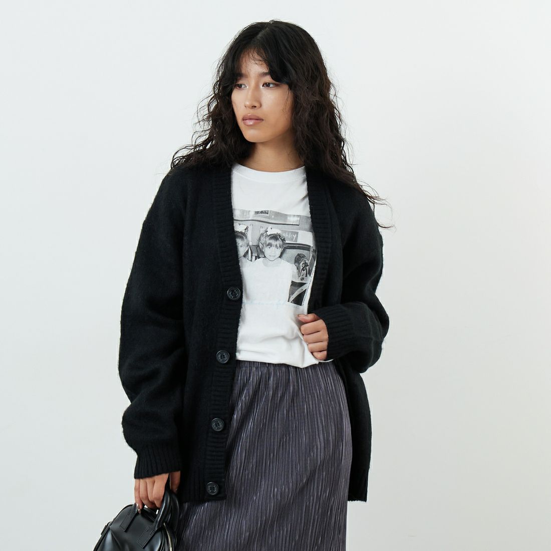 X-girl [エックスガール] フェイスジャガード ニットカーディガン [105253015006] BLACK &&モデル身長：162cm 着用サイズ：ONE SIZE&&
