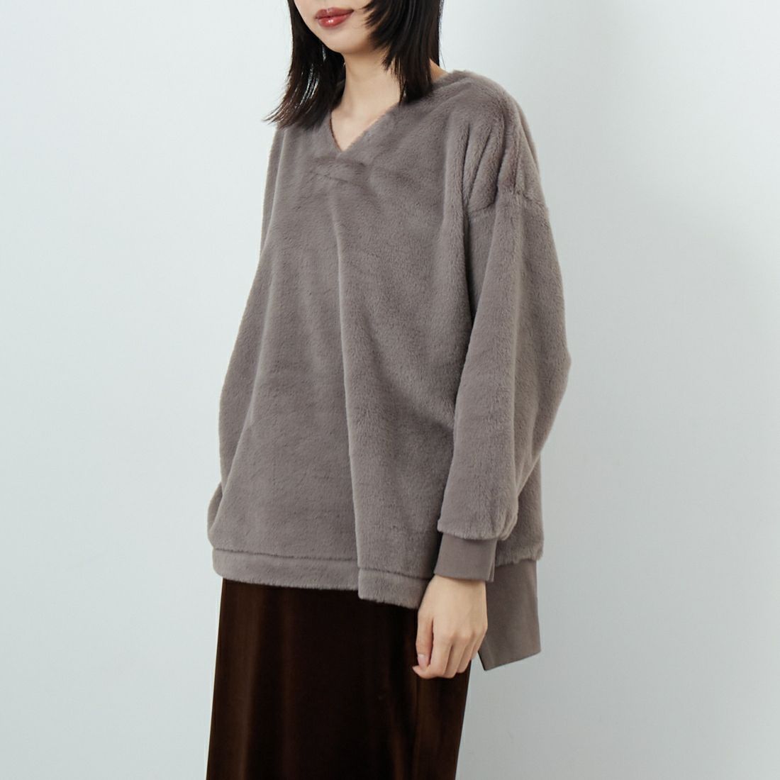 Jf Ready Made [ジェイエフレディメイド] カットファーVネックプルオーバー [3107106] 806 Mｸﾞﾚｲ &&モデル身長：162cm 着用サイズ：F&&