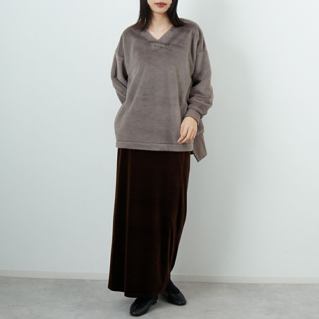 Jf Ready Made [ジェイエフレディメイド] カットファーVネックプルオーバー [3107106] 806 Mｸﾞﾚｲ &&モデル身長：162cm 着用サイズ：F&&