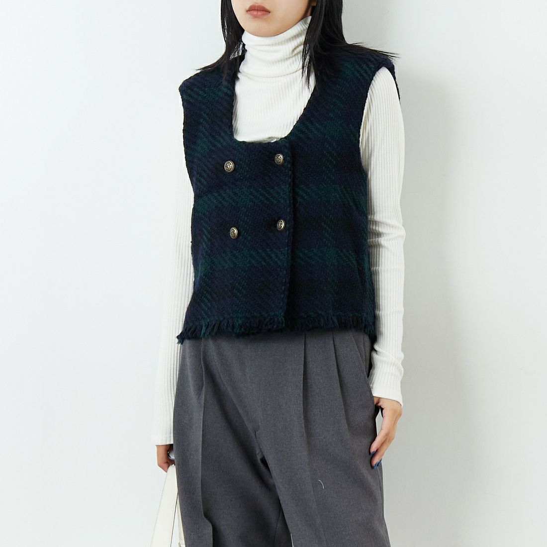 john branigan [ジョン ブラニガン] ツイードフリンジダブルベスト [JB270] TATTERSALL &&モデル身長：167cm 着用サイズ：F&&