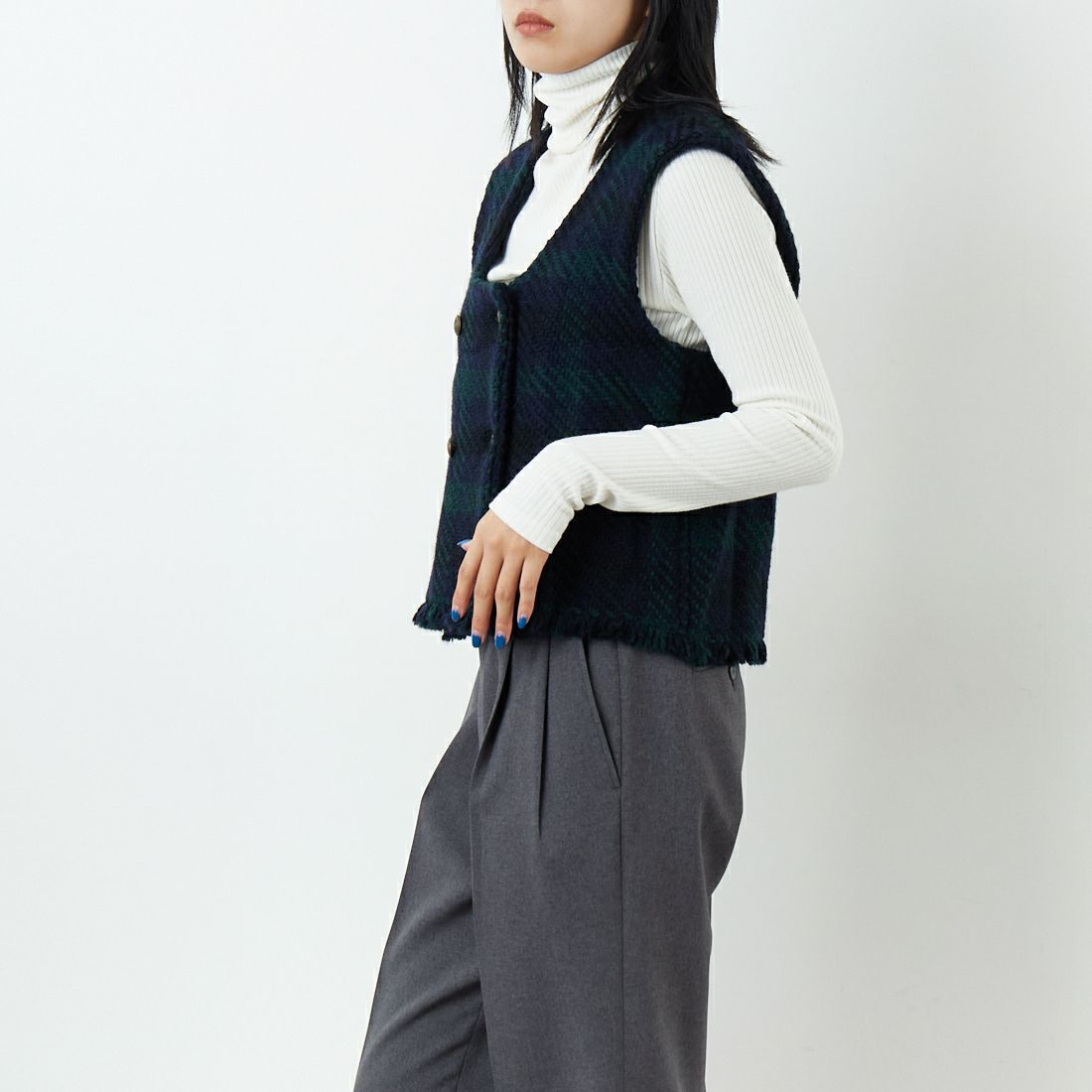 john branigan [ジョン ブラニガン] ツイードフリンジダブルベスト [JB270] TATTERSALL &&モデル身長：167cm 着用サイズ：F&&