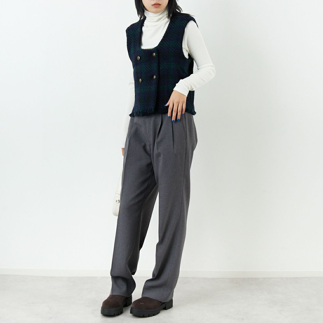 john branigan [ジョン ブラニガン] ツイードフリンジダブルベスト [JB270] TATTERSALL &&モデル身長：167cm 着用サイズ：F&&