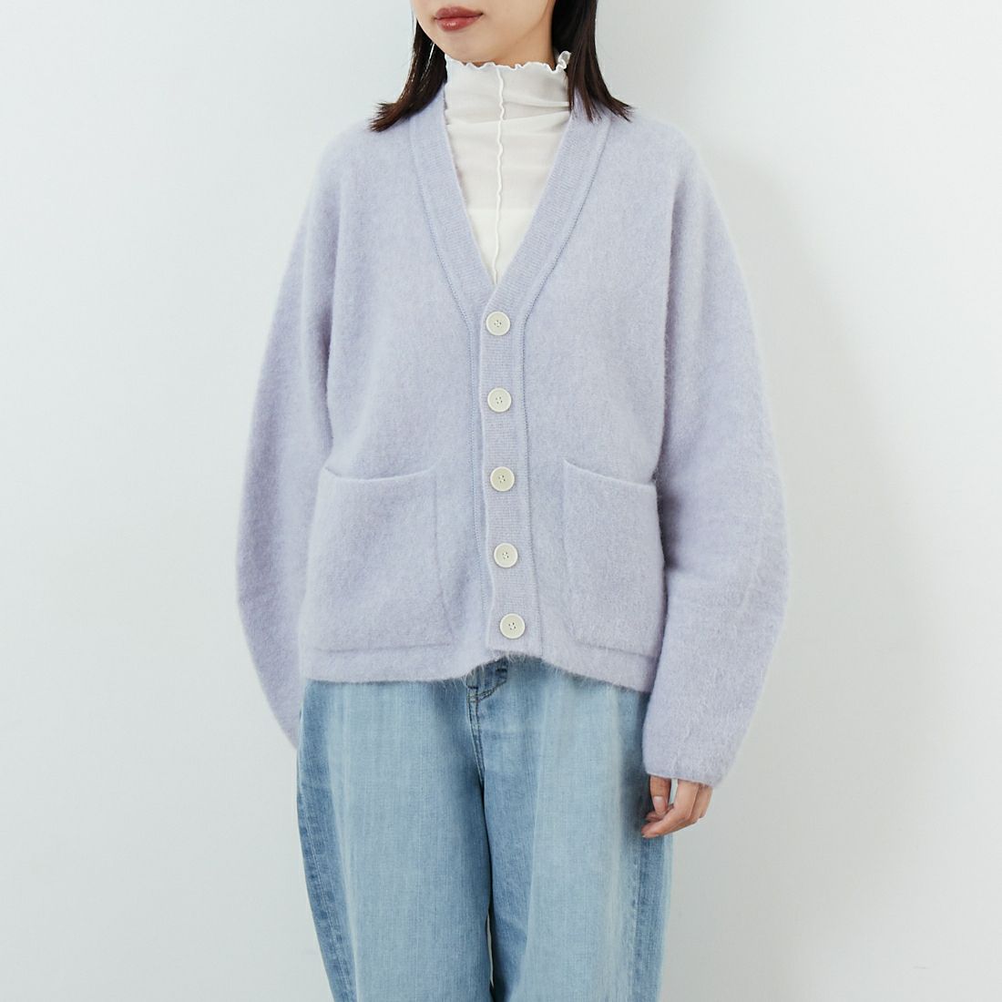 UNFIL [アンフィル] ストレッチ スーパーキッドモヘア カーディガン [WVFL-UW113] ICE BLUE &&モデル身長：162cm 着用サイズ：1&&
