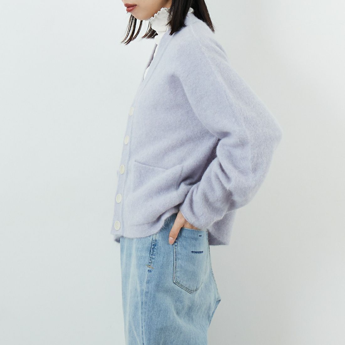 UNFIL [アンフィル] ストレッチ スーパーキッドモヘア カーディガン [WVFL-UW113] ICE BLUE &&モデル身長：162cm 着用サイズ：1&&