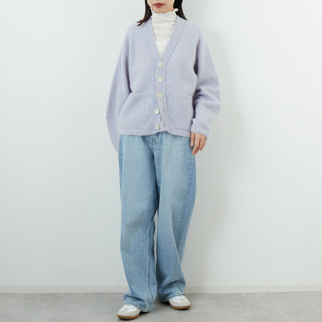 UNFIL [アンフィル] ストレッチ スーパーキッドモヘア カーディガン [WVFL-UW113] ICE BLUE &&モデル身長：162cm 着用サイズ：1&&