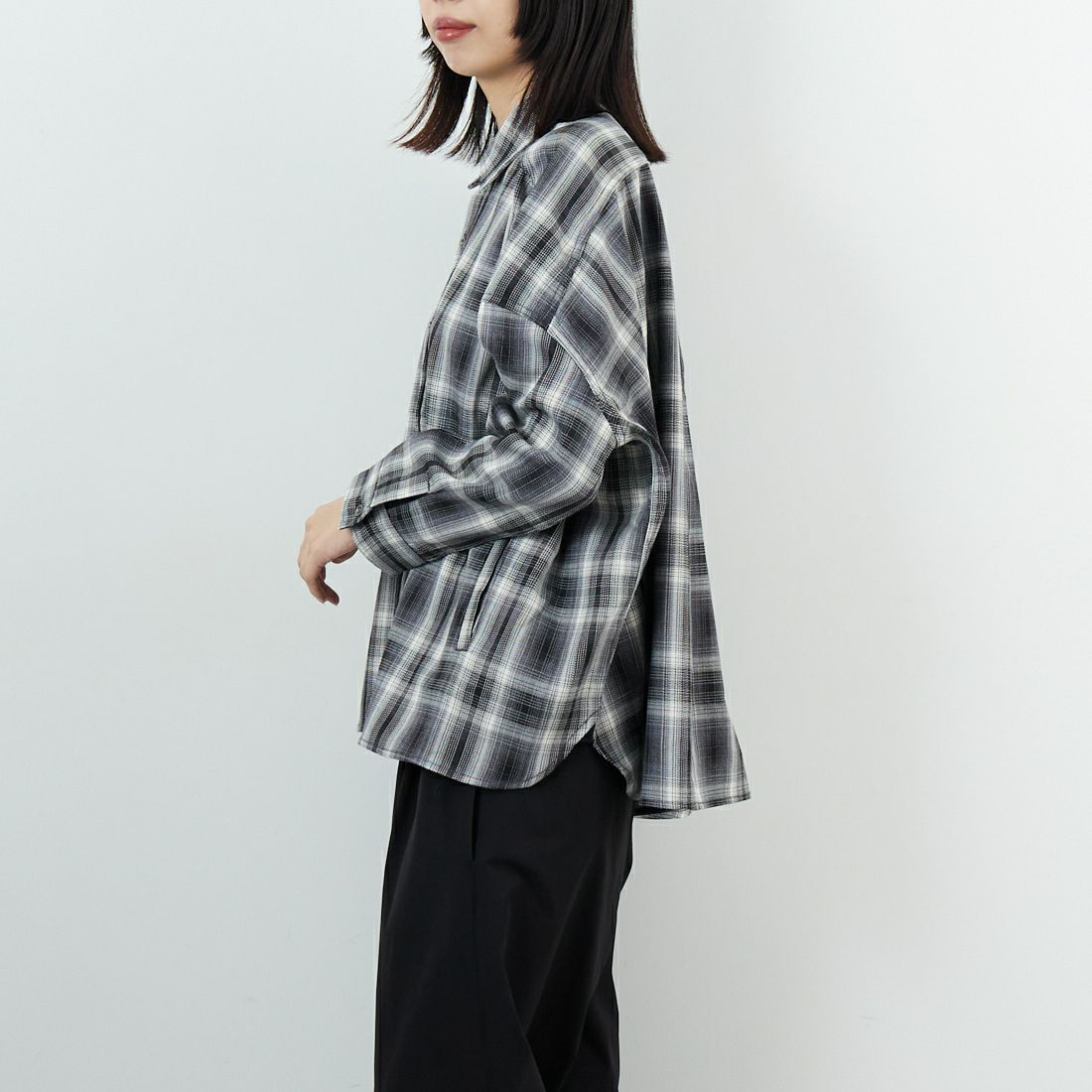 ANTGAUGE [ANTGAUGE [アントゲージ] ドロップショルダー チェックシャツ [GB327] 24 ﾌﾞﾗｯｸ &&モデル身長：162cm 着用サイズ：F&&アントゲージ] ドロップショルダー チェックシャツ [GB327] 24 ﾌﾞﾗｯｸ