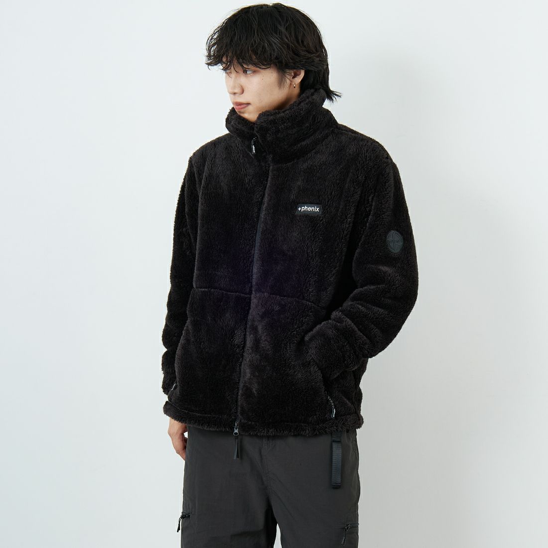 +phenix [プラスフェニックス] ボア フリースジャケット [POO-25083IN-JF] BLACK &&モデル身長：179cm 着用サイズ：L&&