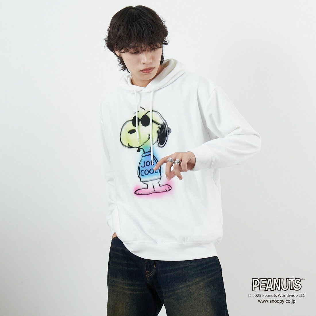 TRIPPY MIKIO ART [トリッピーミキオアート] SNOOPY ジョー・クール フーディ [TR-058] WHITE &&モデル身長：179cm 着用サイズ：M&&