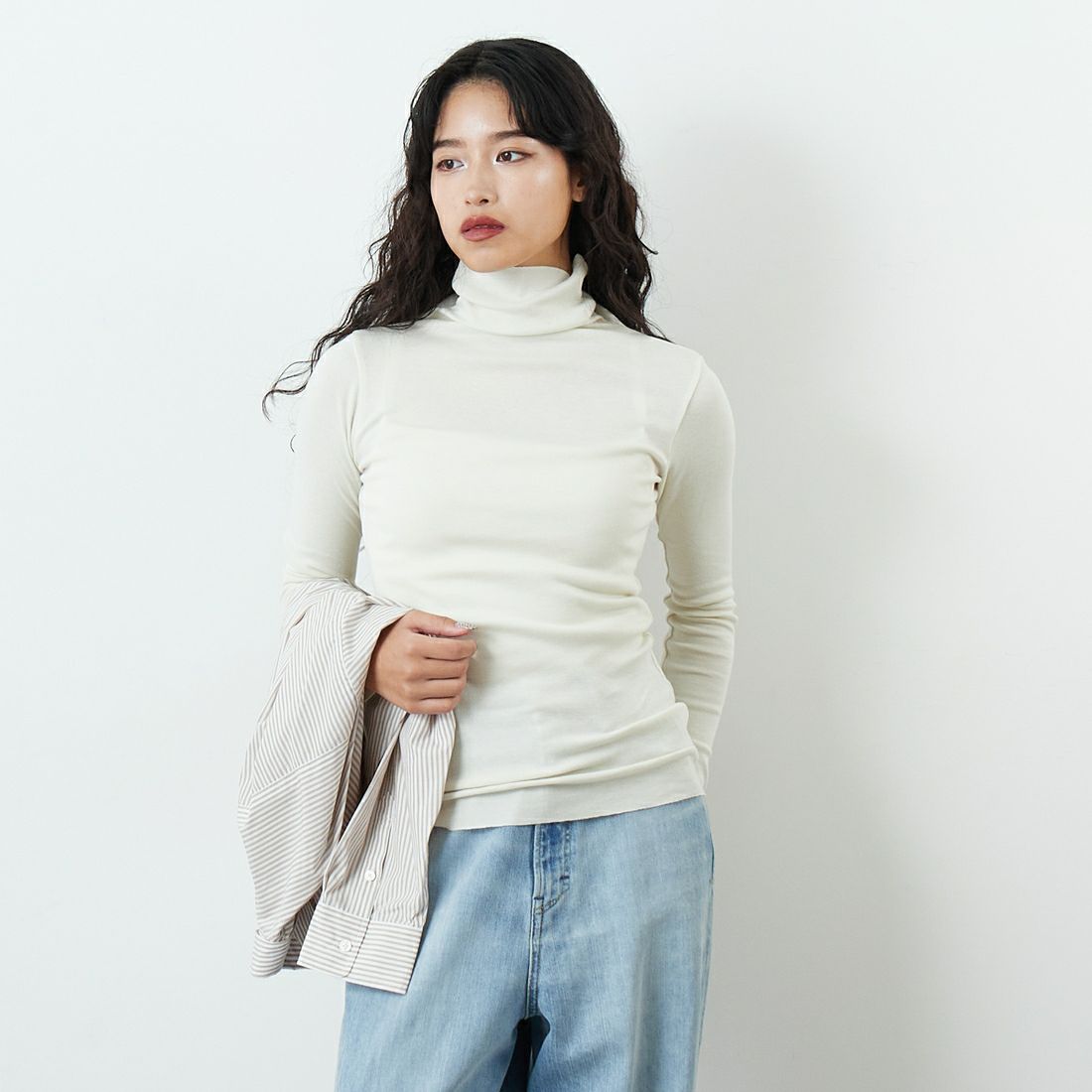 Jeans Factory Clothes [ジーンズファクトリークローズ] TCフライスボトルネックTシャツ [131824] 01 ｵﾌﾎﾜｲﾄ &&モデル身長：162cm 着用サイズ：F&&