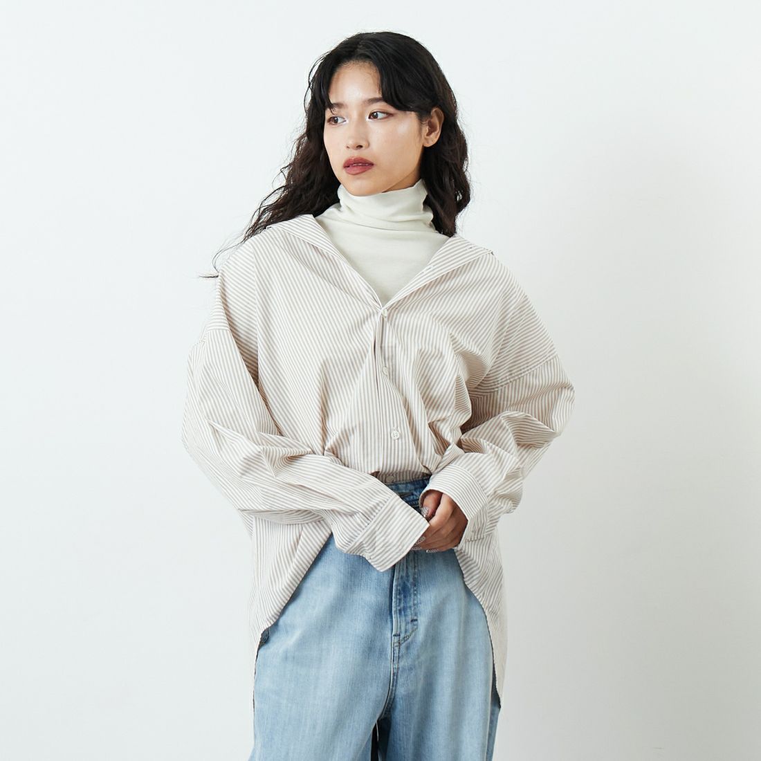 Jeans Factory Clothes [ジーンズファクトリークローズ] TCフライスボトルネックTシャツ [131824] 01 ｵﾌﾎﾜｲﾄ &&モデル身長：162cm 着用サイズ：F&&