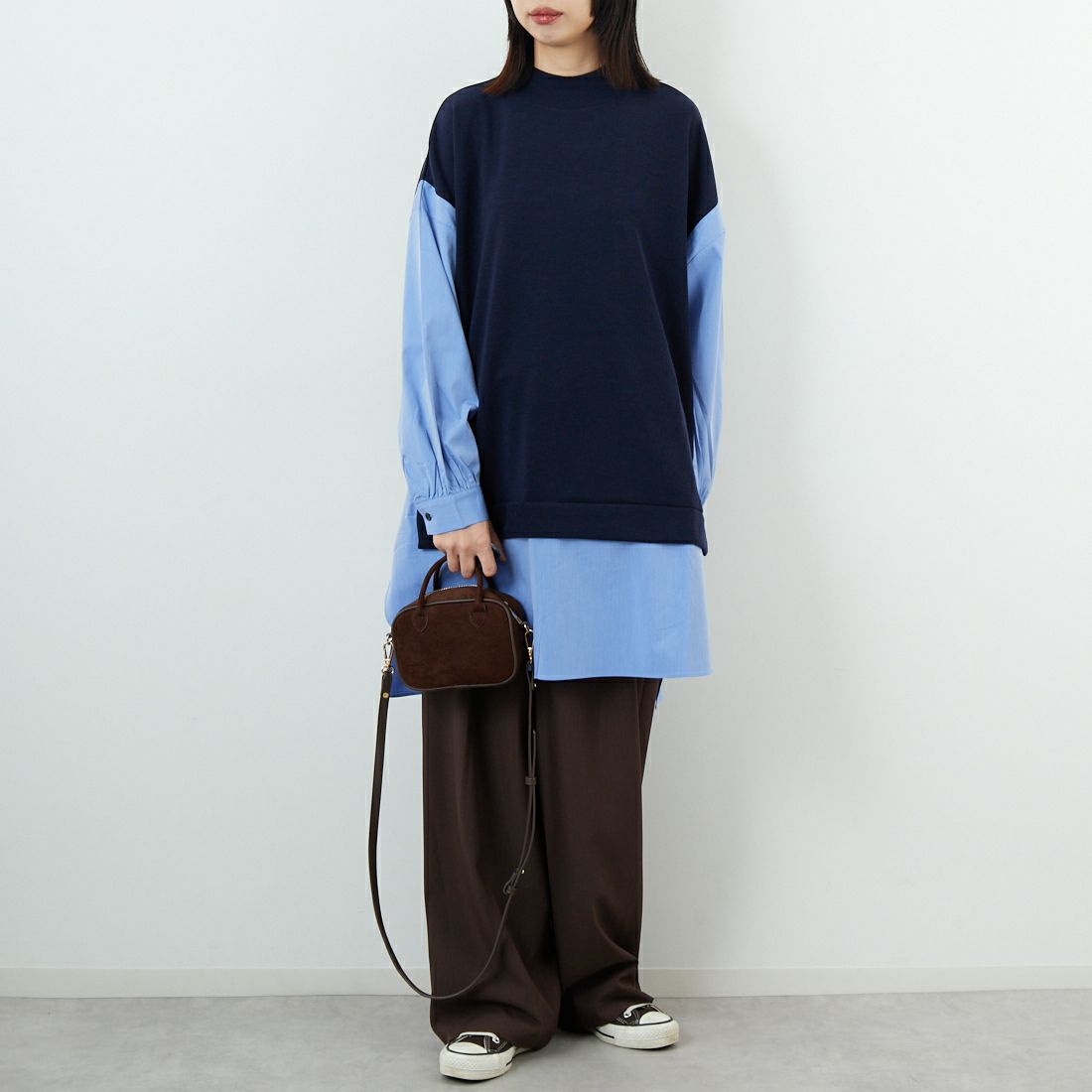 Kelen [ケレン] パネルデザイン ニットコンビトップス JOHA [LKL25FCS2006] NAVY &&モデル身長：162cm 着用サイズ：M&&