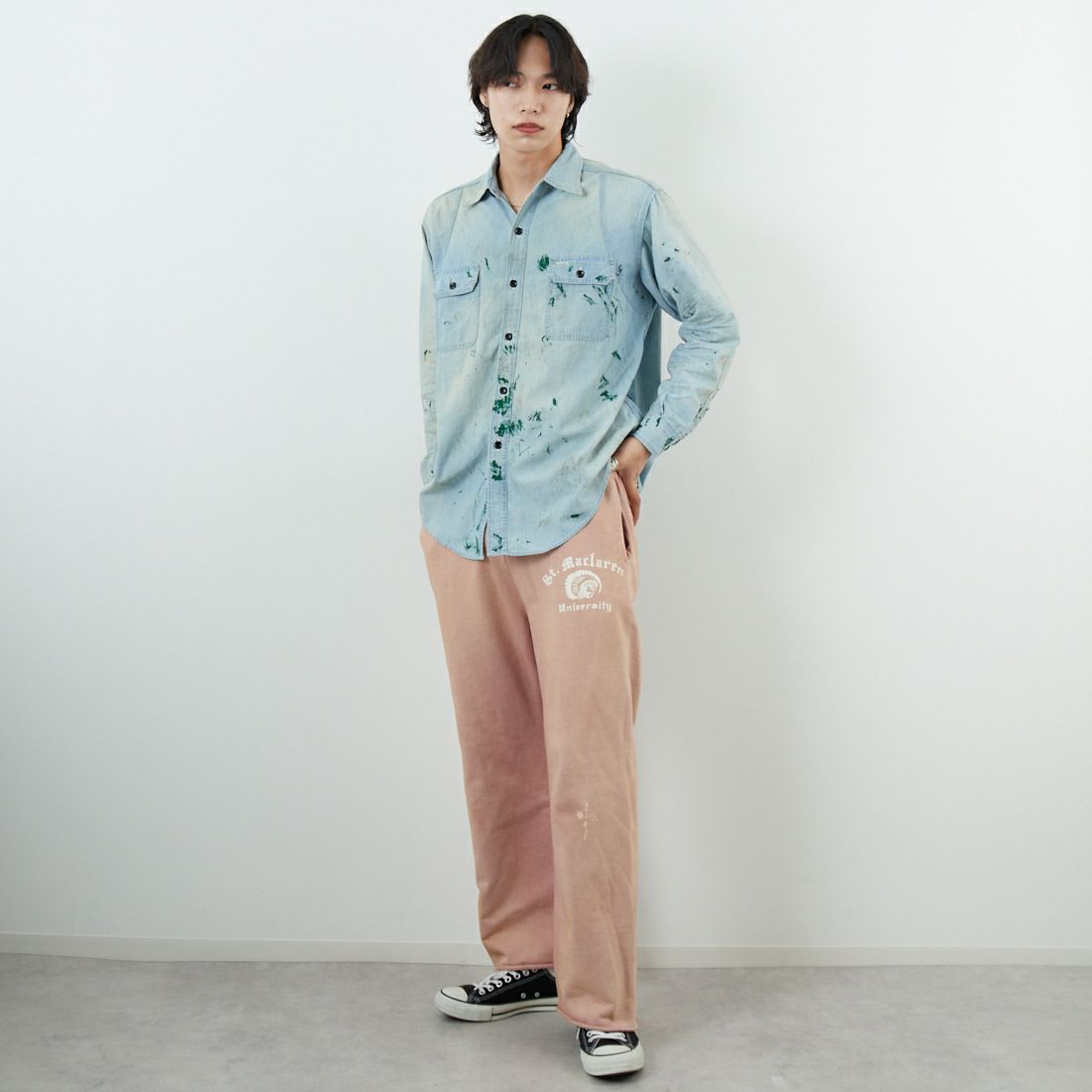 BOW WOW [バウワウ] ST. MACLAREN UNIV. エイジドスウェットパンツ [BW252-MUSP] AGED PINK &&モデル身長：179cm 着用サイズ：L&&