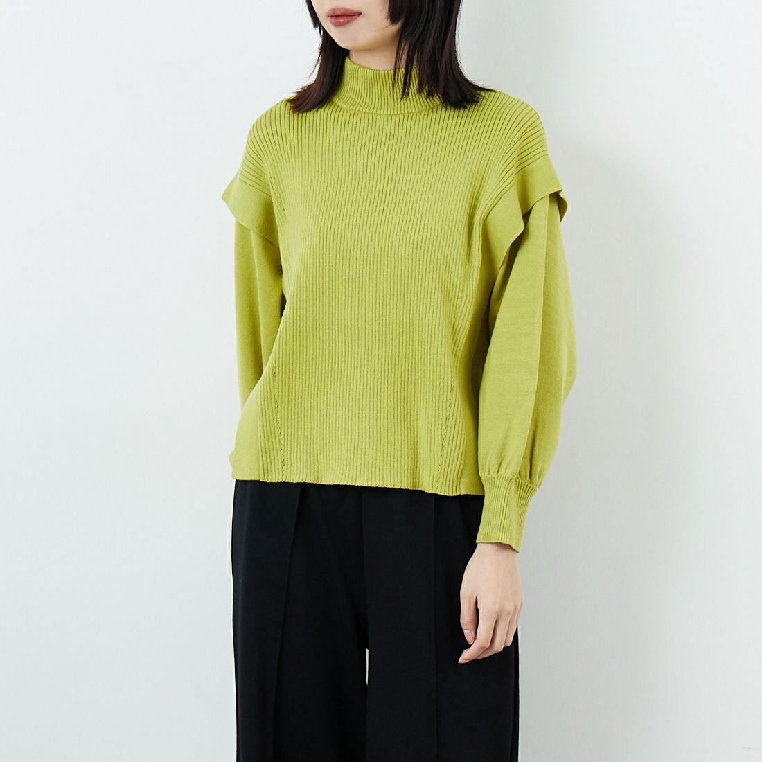 Jf Ready Made [ジェイエフレディメイド] 切替ハイネックリブプルオーバー [3107203] 422 ﾗｲﾑ &&モデル身長：162cm 着用サイズ：F&&