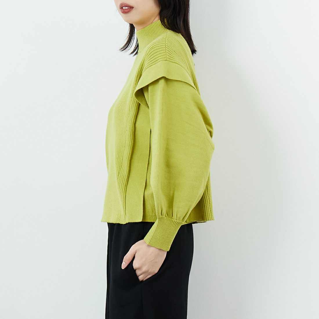 Jf Ready Made [ジェイエフレディメイド] 切替ハイネックリブプルオーバー [3107203] 422 ﾗｲﾑ &&モデル身長：162cm 着用サイズ：F&&