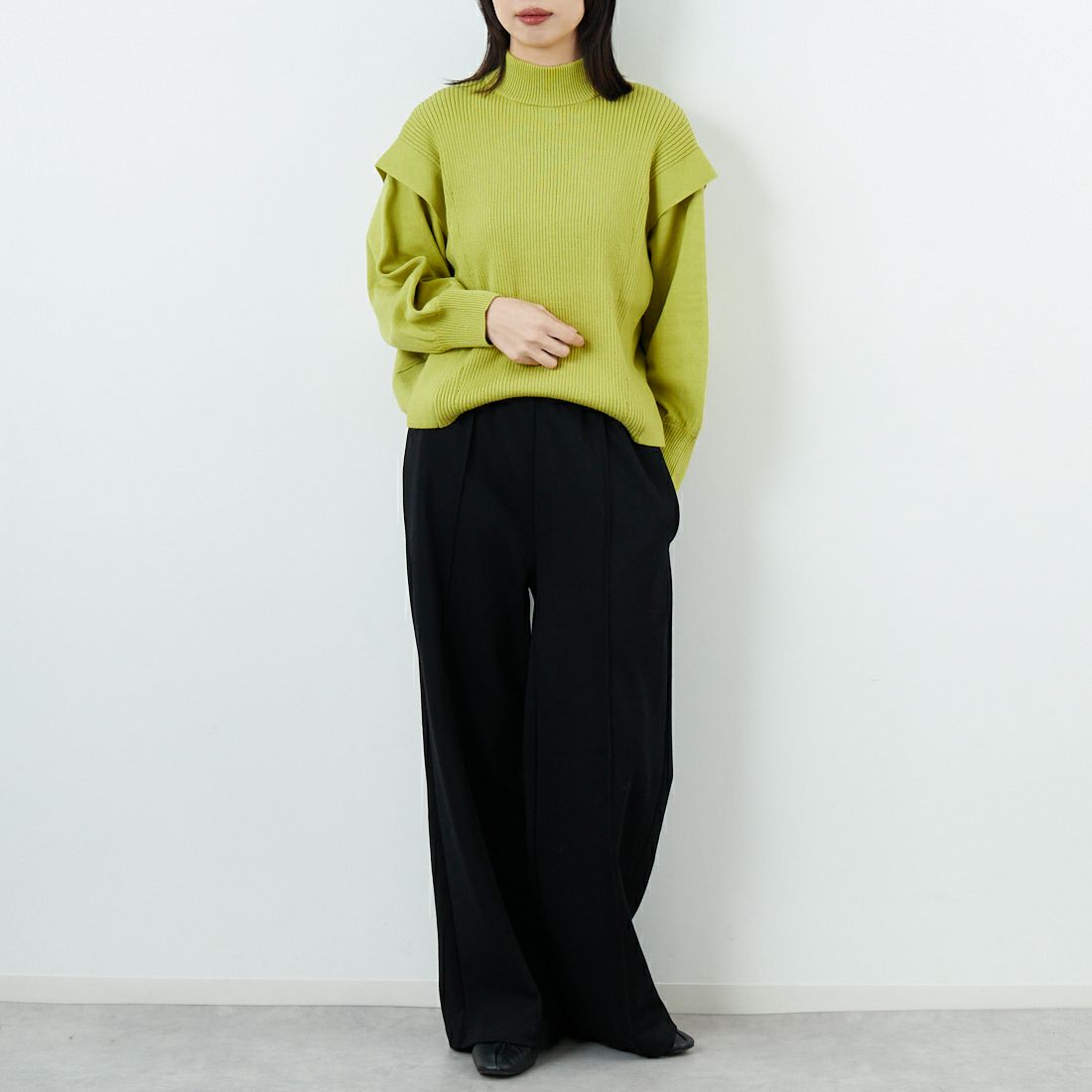 Jf Ready Made [ジェイエフレディメイド] 切替ハイネックリブプルオーバー [3107203] 422 ﾗｲﾑ &&モデル身長：162cm 着用サイズ：F&&