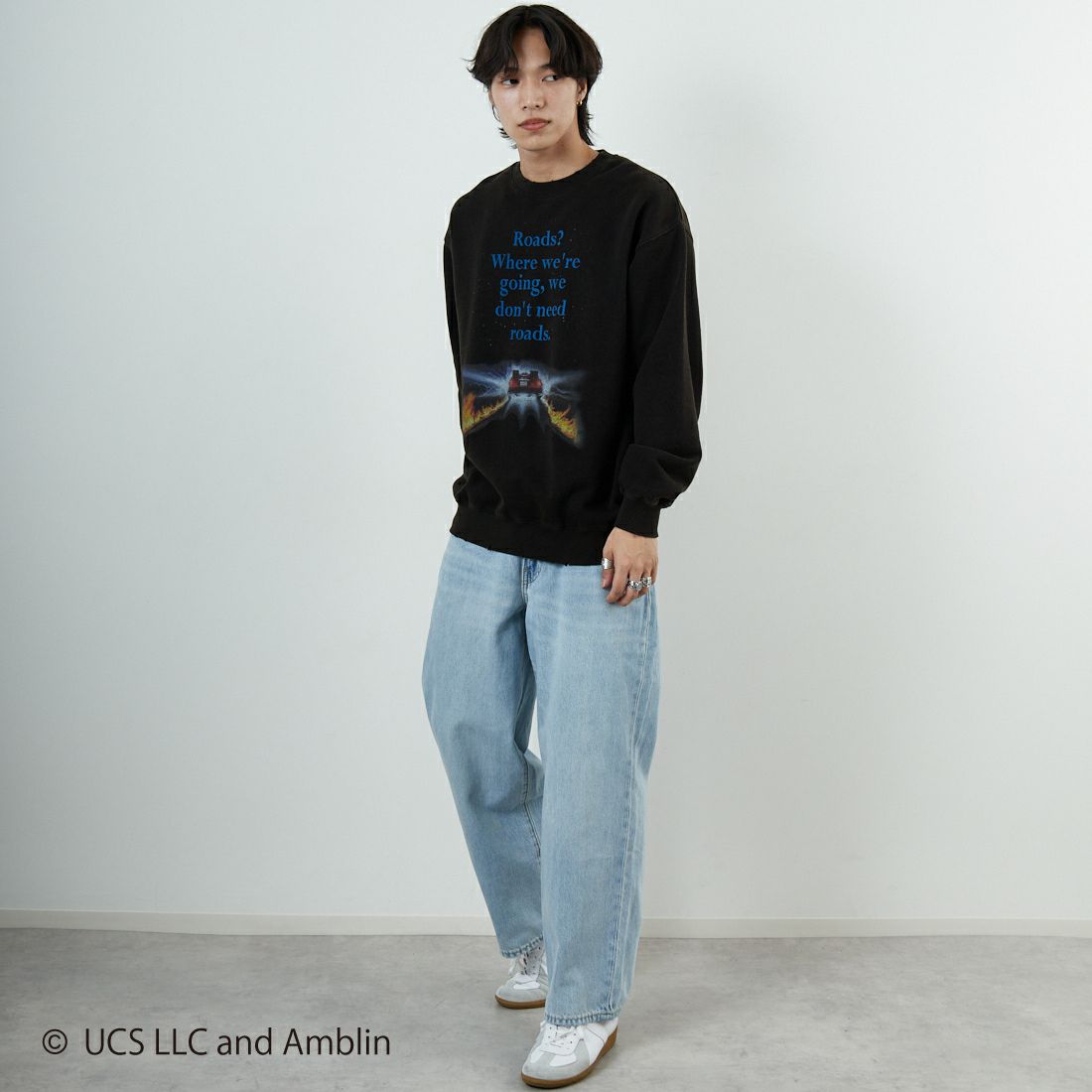 Jeans Factory Clothes [ジーンズファクトリークローズ] ムービーダメージスウェット / BACK TO THE FUTURE [JFC-254-092] BTTF &&モデル身長：179cm 着用サイズ：L&&